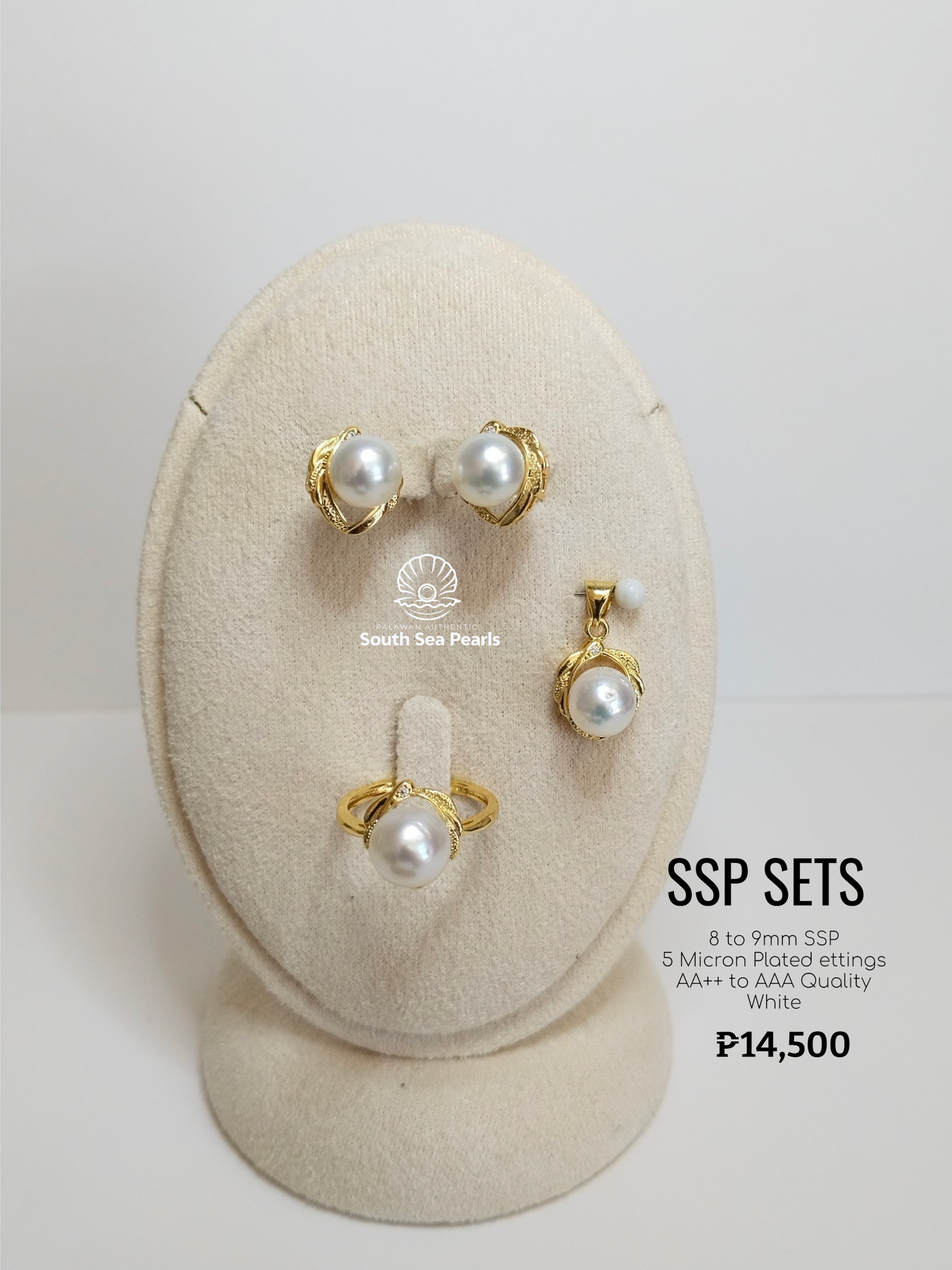 8mm to 9mm Palawan Authentic White Color South Sea Pearl Sets in 5 Micron Plated Settings