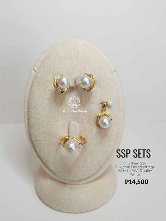 8mm to 9mm Palawan Authentic White Color South Sea Pearl Sets in 5 Micron Plated Settings