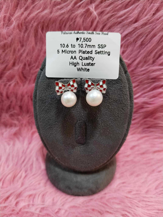 10.6mm to 10.7mm Authentic White South Sea Pearls Earrings in 5 Microns Settings