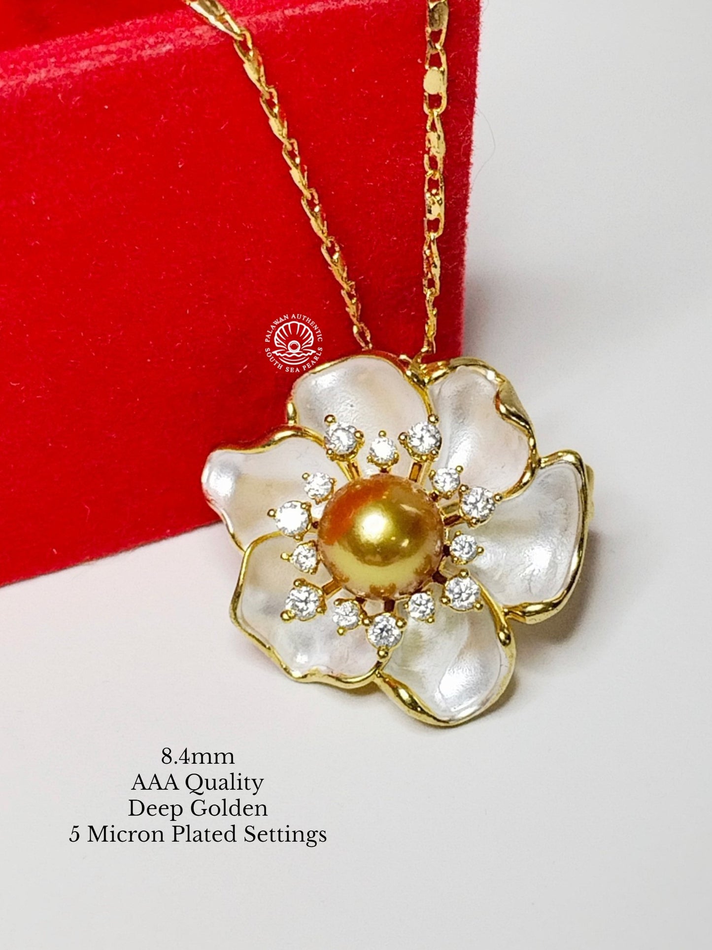 8.4mm Palawan Authentic Deep Golden Color South Sea Pearl Brooch in 5 Micron Plated Settings