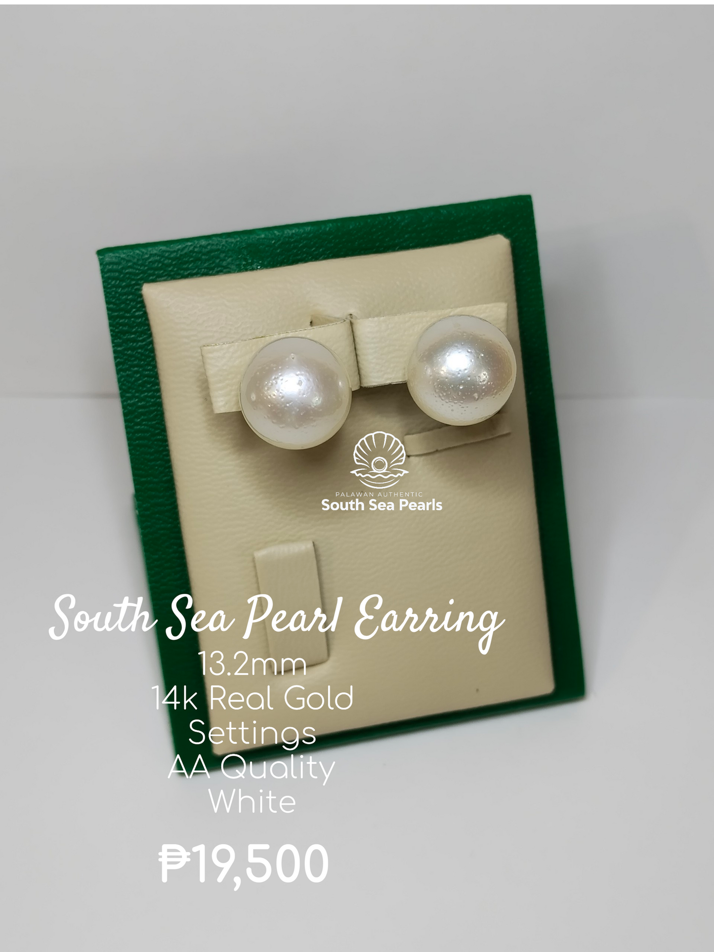 13.2mm Palawan Authentic White Color South Sea Pearl Earring in 14k Real Gold Settings