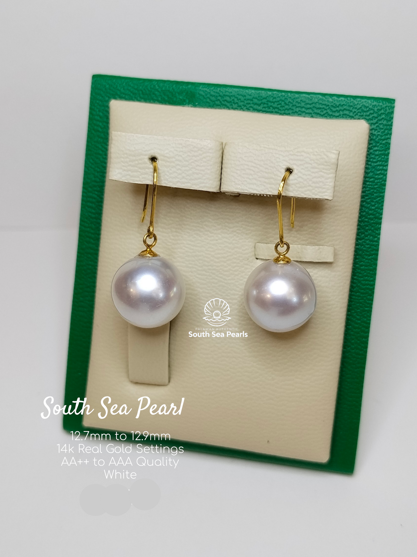 12.7mm to 12.9mm Palawan Authentic White Color South Sea Pearl Earrings in 14k Real Gold Settings