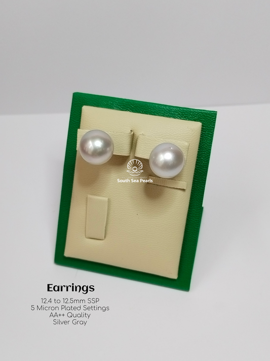 12.4mm Palawan Authentic Silver Gray Color South Sea Pearl Earrings in 5 Micron Plated Settings