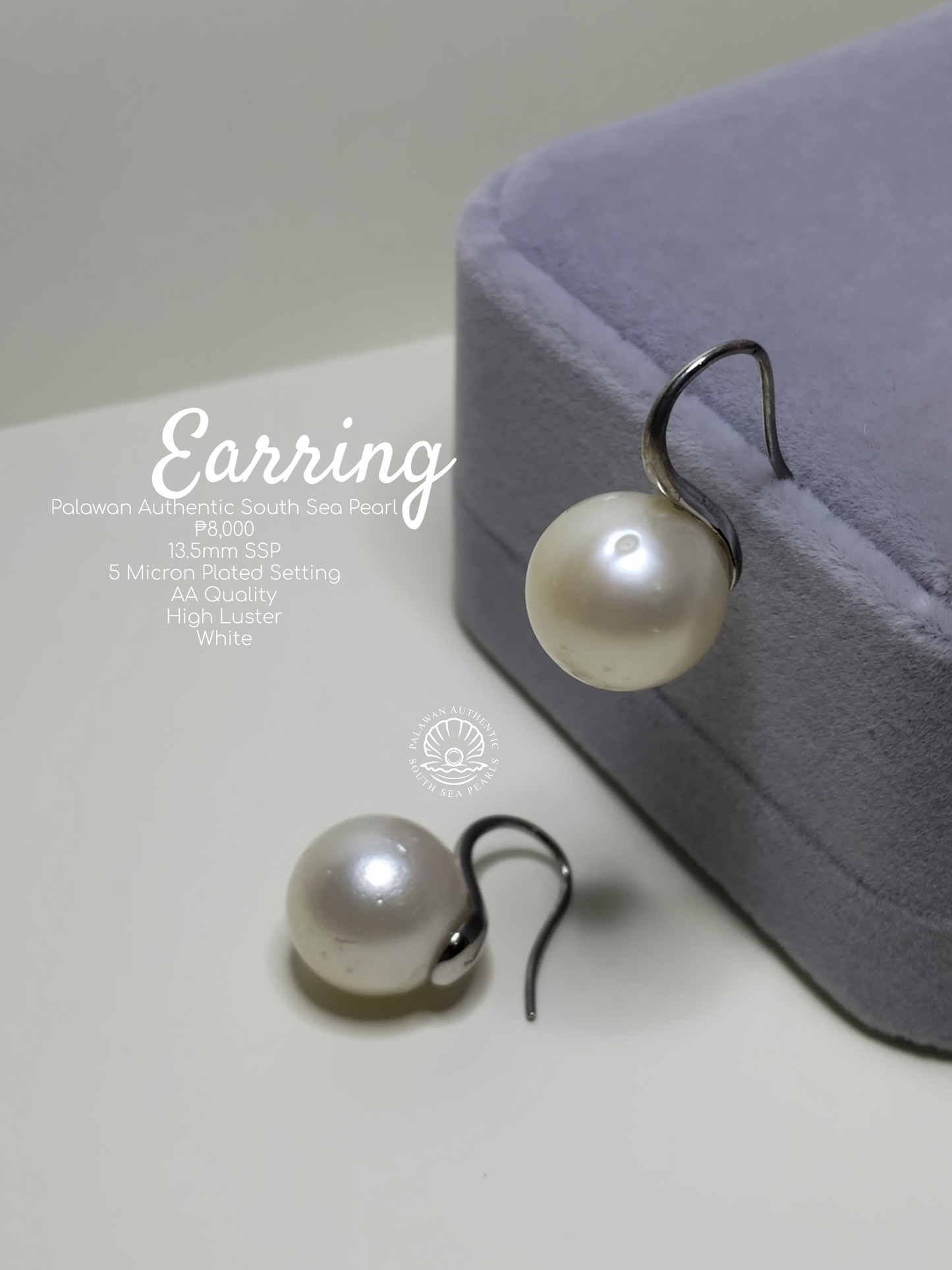 13.5mm Authentic White South Sea Pearl Earrings in 5 Micron Plated Settings