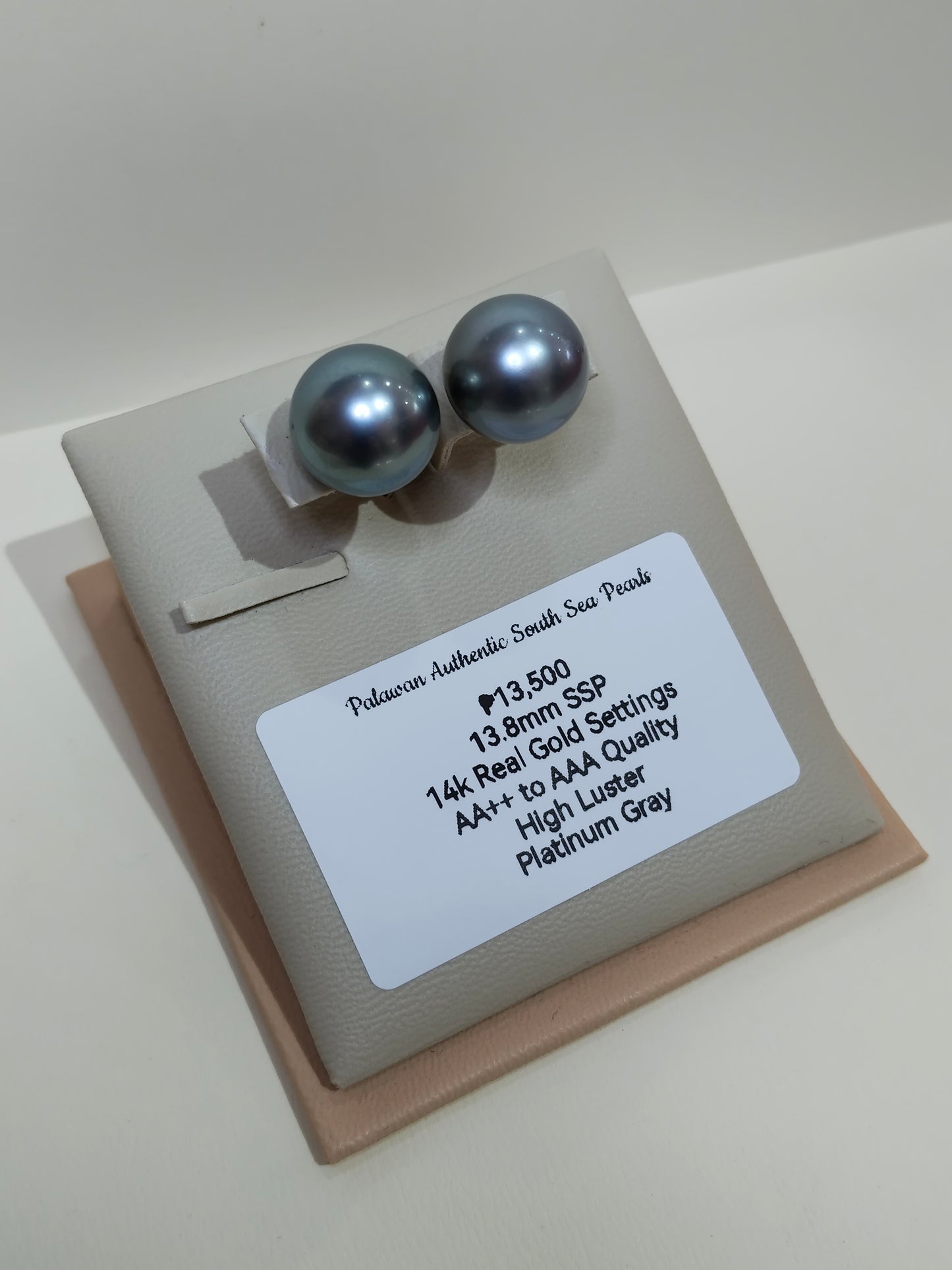 New Arrival! 13.8mm Palawan Authentic Platinum Gray Color South Sea Pearl Earrings in 14k Real Gold Settings