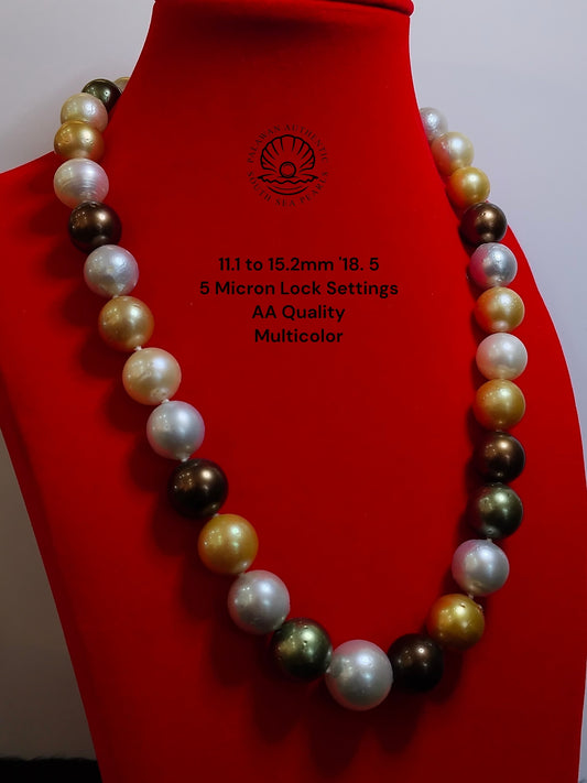 11.1 to 15.2mm Palawan Authentic Multicolor South Sea Pearl Choker in 5 Micron Lock Settings