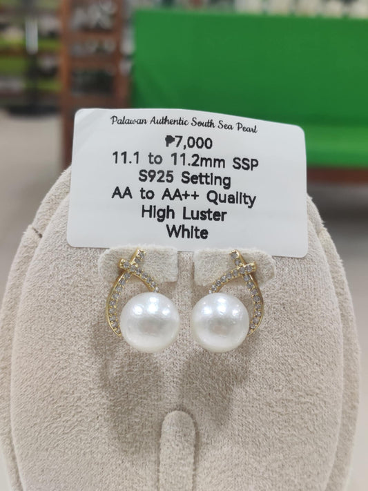11.1mm to 11.2mm Authentic White South Sea Pearls Earrings in S925 Settings