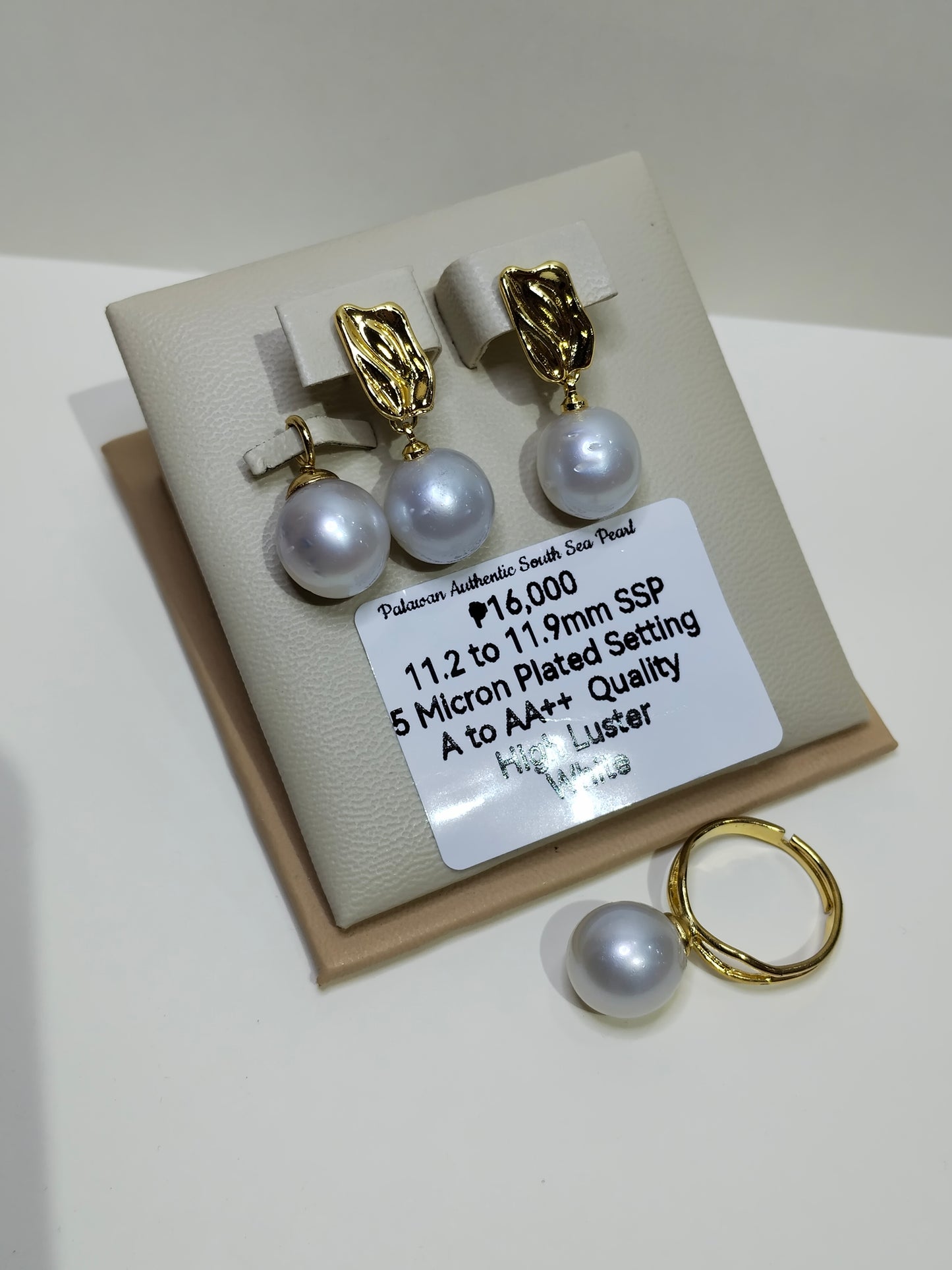 11.2 to 11.9mm Authentic White South Sea Pearl Set in 5 Micron Settings