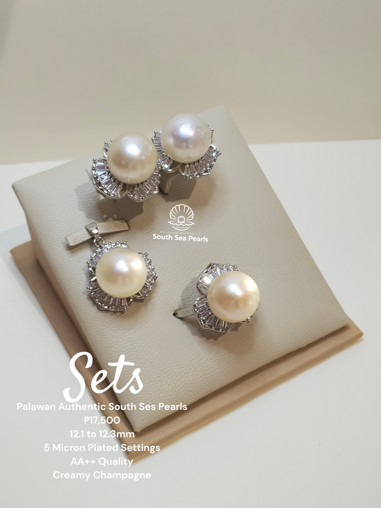 12.1 to 12.3mm Authentic Creamy Champagne Color South Sea Pearl Set in 5 Micron Settings