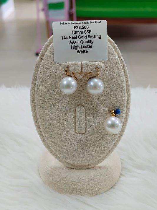 13mm Authentic White South Sea Pearl Sets in 14k Real Gold Settings