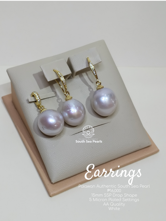 15mm Authentic White South Sea Pearl Sets in 5 Micron Plated Settings