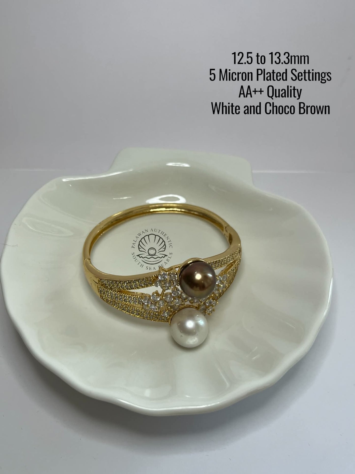 12.5 to 13.3mm Palawan Authentic White and Choco Brown Color South Sea Pearl Bangle in 5 Micron Plated Settings