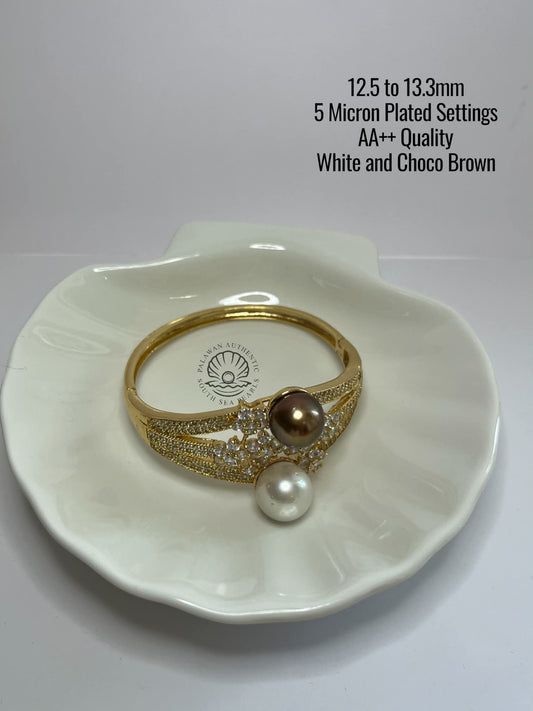 12.5 to 13.3mm Palawan Authentic White and Choco Brown Color South Sea Pearl Bangle in 5 Micron Plated Settings