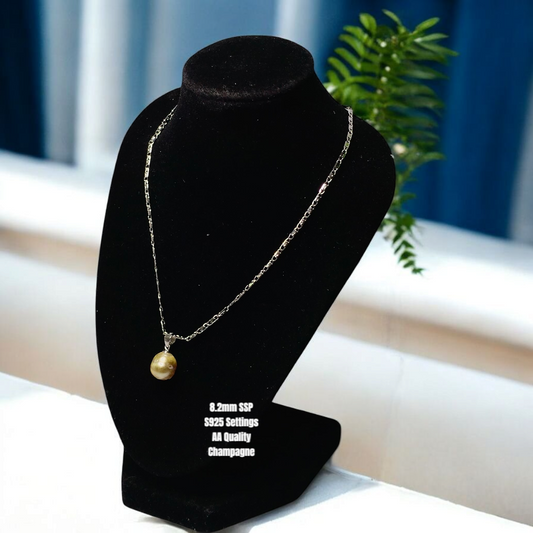 New Arrival! 8.2mm Authentic Champagne Color South Sea Pearls Pendant in S925 Settings