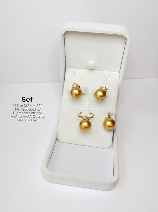 12.5mm to 13.2mm Palawan Authentic Deep Golden Color South Sea Pearl in 14k Real Gold and Diamonds
