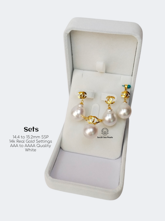 14.4mm to 15.2mm Palawan Authentic White Color South Sea Pearl Sets in 14k Real Gold Settings