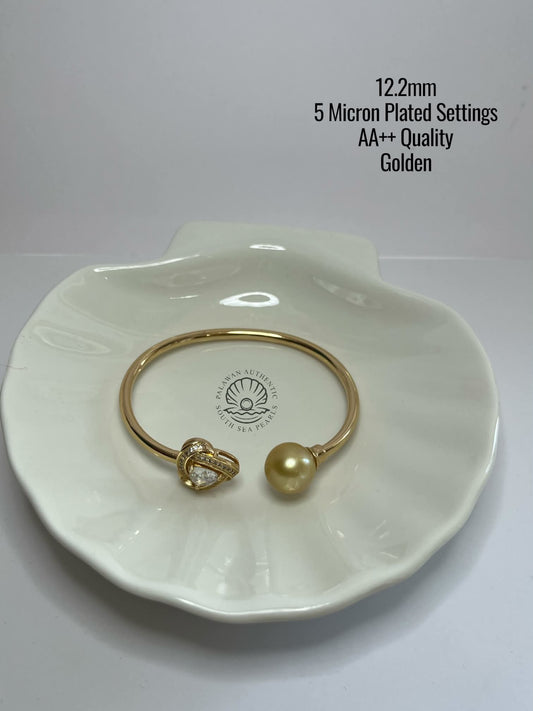 12.2mm Palawan Authentic Golden Color South Sea Pearl Bangle in 5 Micron Plated Settings