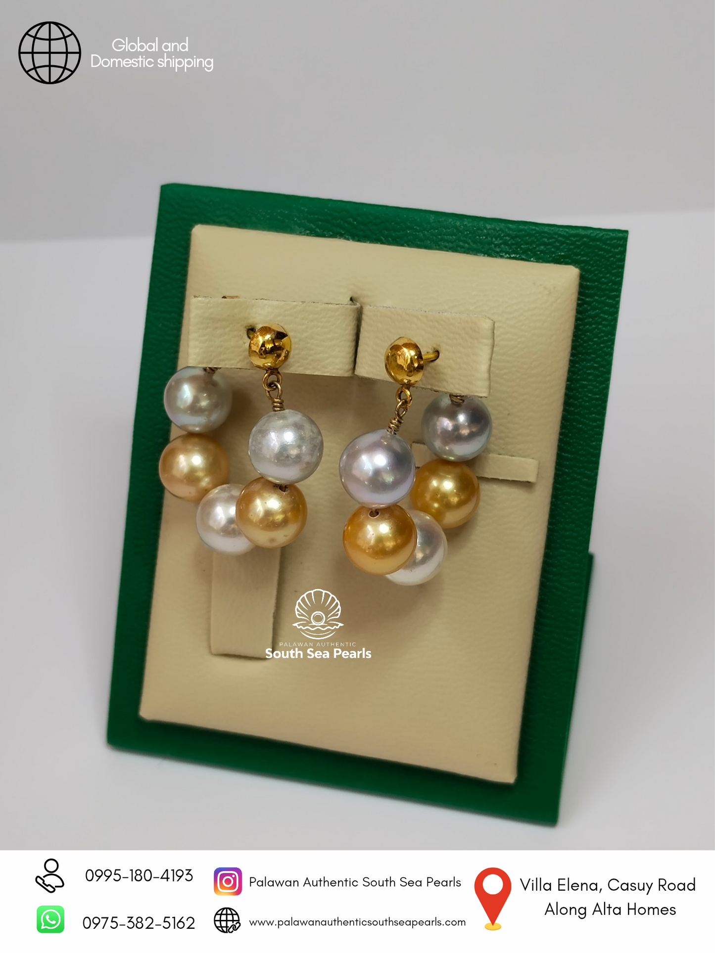 8.3mm to 8.8mm Palawan Authentic Bluish & Golden Color South Sea Pearl Earrings in 14k Real Gold Settings
