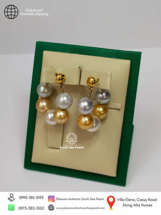 8.3mm to 8.8mm Palawan Authentic Bluish & Golden Color South Sea Pearl Earrings in 14k Real Gold Settings