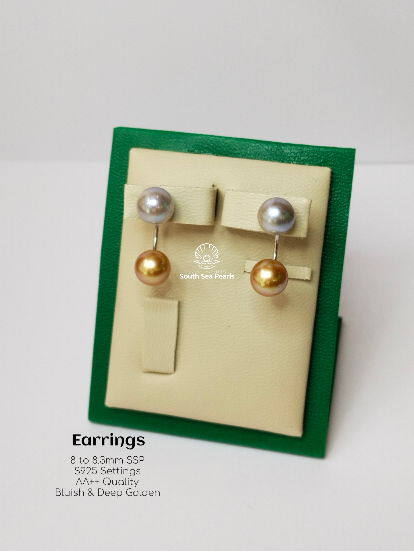 8mm to 8.3mm Palawan Authentic Bluish and Deep Golden Color South Sea Pearl Earrings in 5 Micron Plated Settings