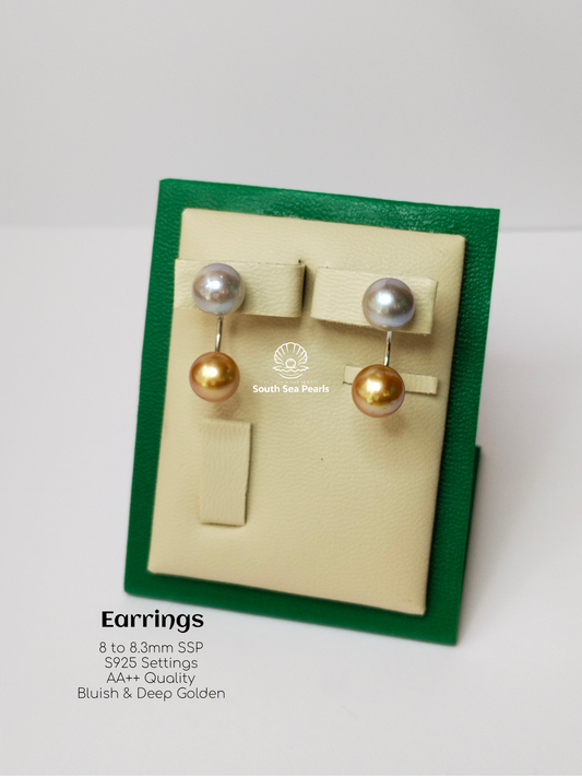 8mm to 8.3mm Palawan Authentic Bluish and Deep Golden Color South Sea Pearl Earrings in 5 Micron Plated Settings
