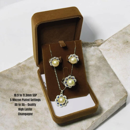 New Arrival! 10.9mm to 11.3mm Authentic Champagne Color South Sea Pearl Sets in 5 Micron Plated Settings