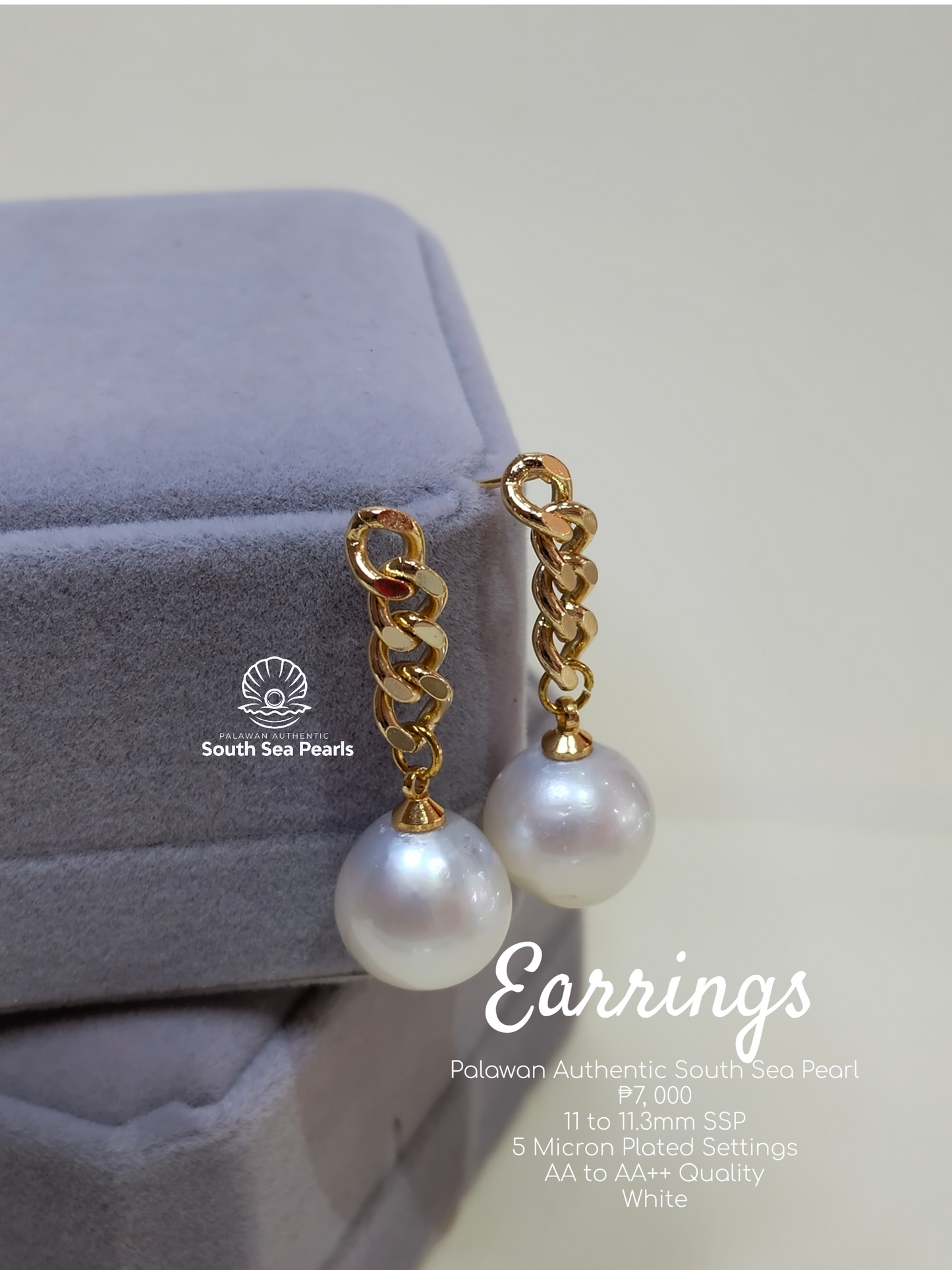 11mm to 11.3mm Authentic White South Sea Pearls Earrings in 5 Microns Settings