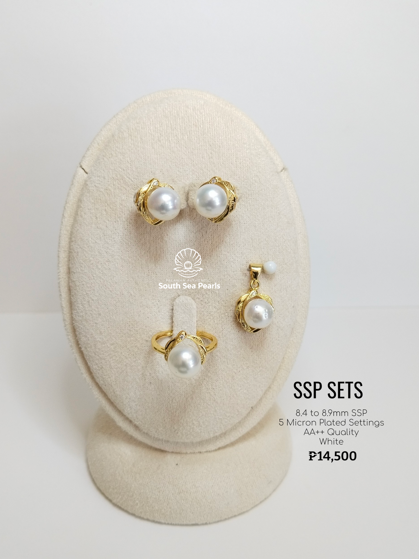 8.4mm to 8.9mm Palawan Authentic White Color South Sea Pearl Sets in 5 Micron Plated Settings