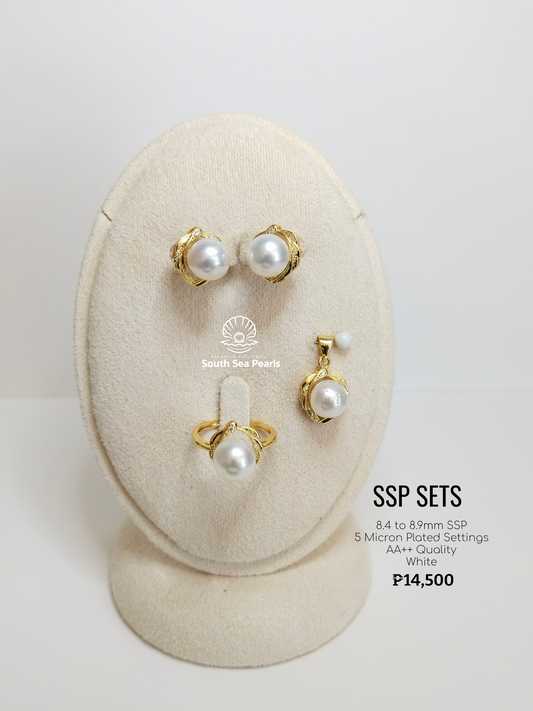 8.4mm to 8.9mm Palawan Authentic White Color South Sea Pearl Sets in 5 Micron Plated Settings