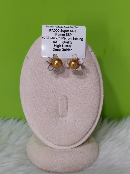 New Arrival! 8.5mm Authentic Deep Golden Color South Sea Pearl Earring in S925 Sticks and 5 Micron Plated Settings