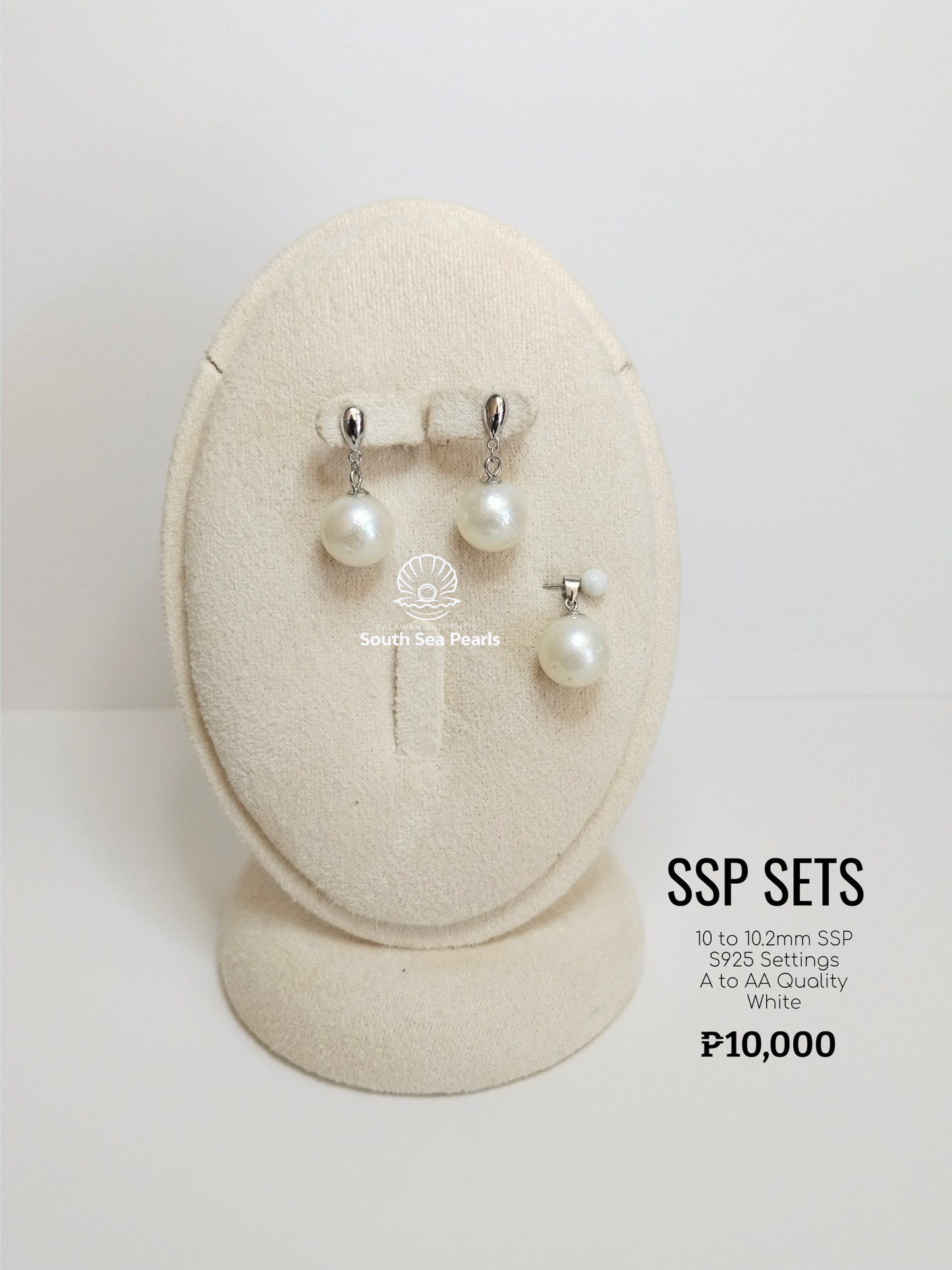 10mm to 10.2mm Palawan Authentic White Color South Sea Pearl Sets in 5 Micron Plated Settings