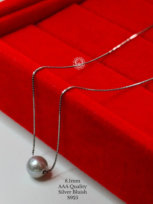 8.1mm Palawan Authentic Silver Bluish Color South Sea Pearl Floating Necklace in S925