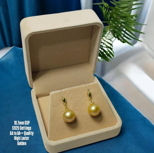 New Arrival! 10.7mm Authentic Golden Color South Sea Pearl Earrings in S925 Settings