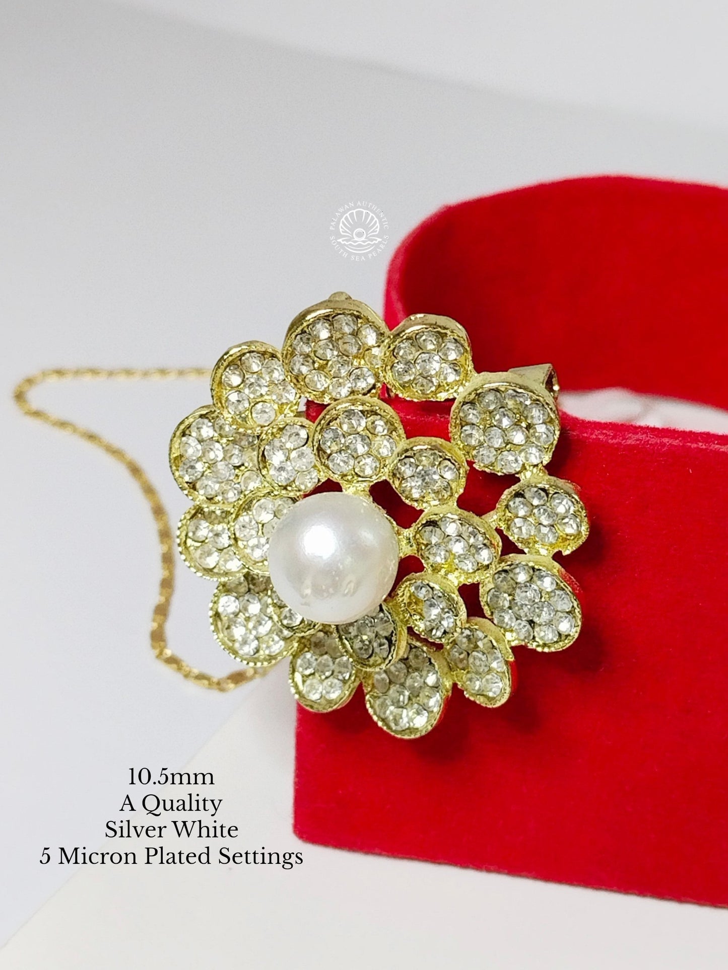 10.5mm Palawan Authentic Silver White Color South Sea Pearl Brooch in 5 Micron Plated Settings