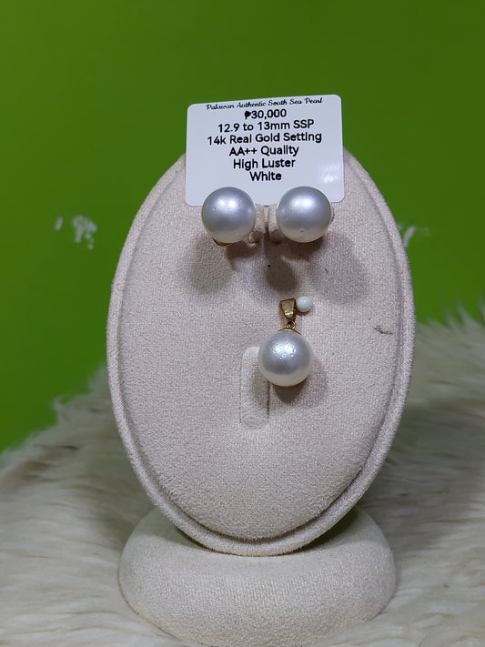 12.9mm to 13mm Authentic White South Sea Pearl Sets in 14k Real Gold Settings