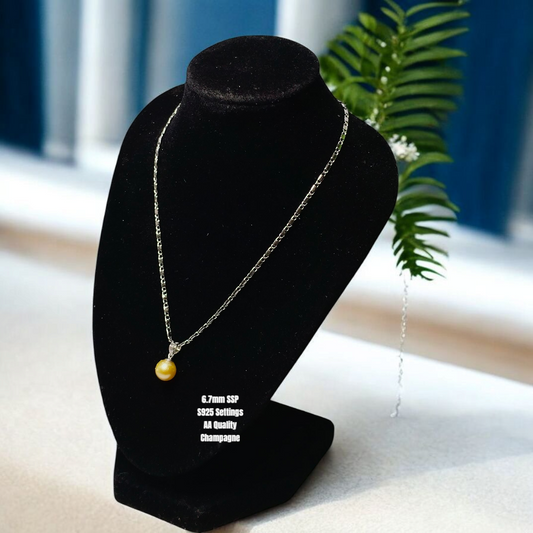 New Arrival! 6.7mm Authentic Champagne Color South Sea Pearls Pendant in S925 Settings