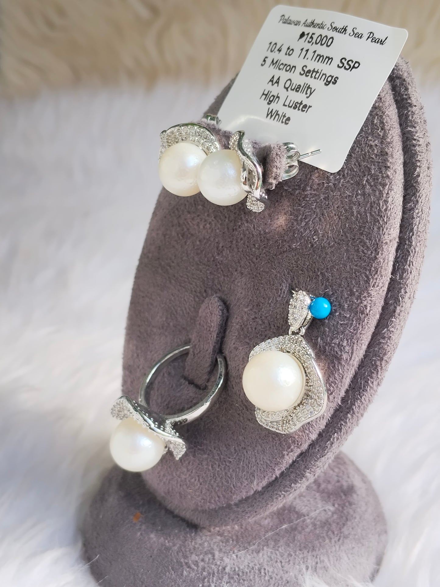 10.4 to 11.1mm Authentic White South Sea Pearl Set in 5 Micron Settings