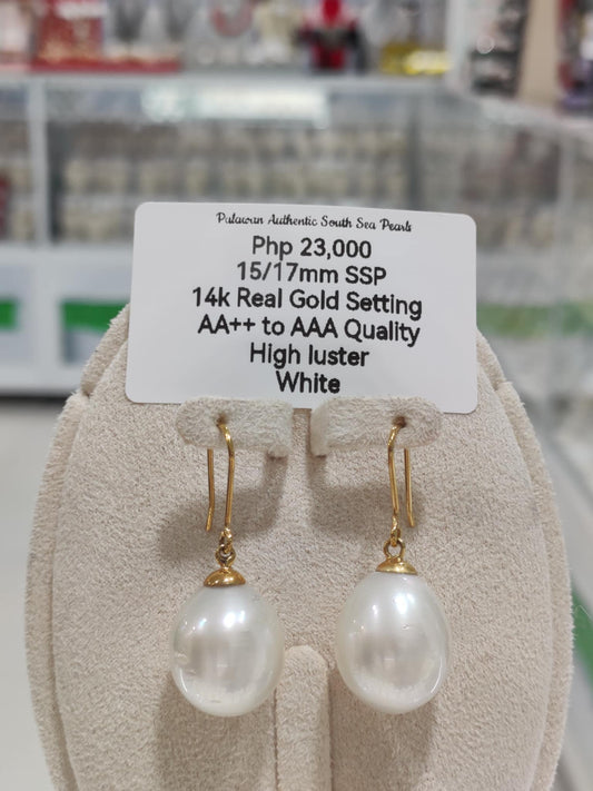 15/17mm Authentic White South Sea Pearls in 14k Real Gold Settings