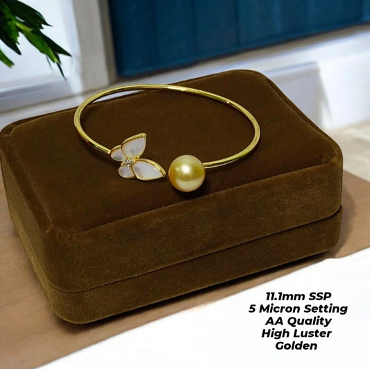 New Arrival! 11.1mm Authentic Golden Color South Sea Pearl Bangle in 5 Micron Setting