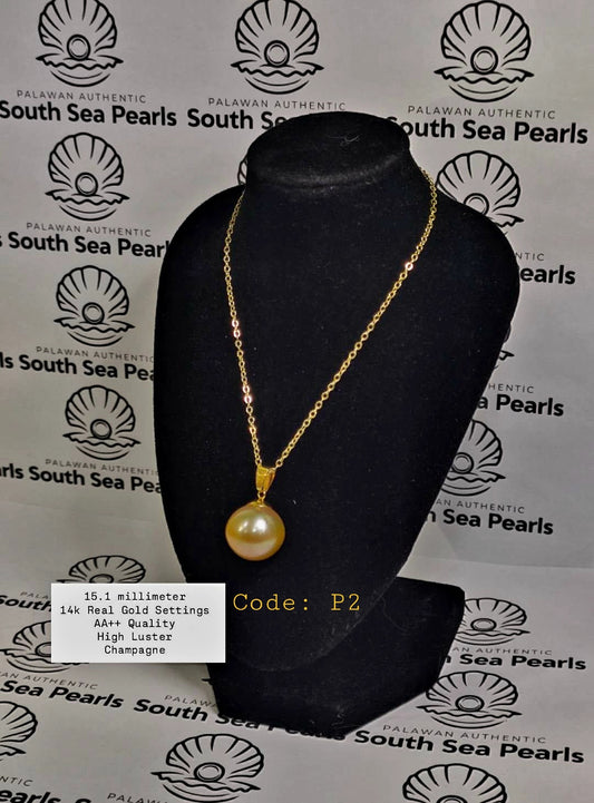 New Arrival! 15.1mm Authentic Champagne Color South Sea Pearls Pendant in 14k Gold Settings