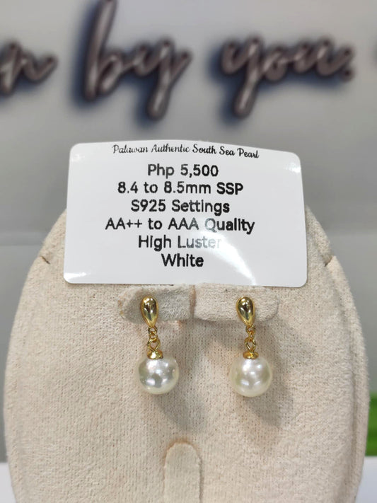 8.4mm to 8.5mm Authentic White South Sea Pearls Earrings in Sterling Silver Settings