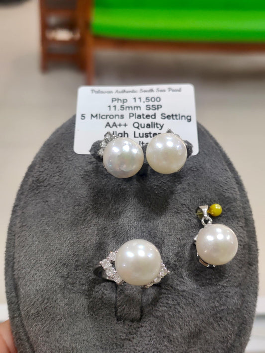 11.5mm Authentic White South Sea Pearls Sets in 5 Micron Plated Settings