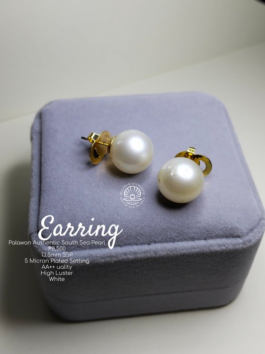 13.5mm Authentic White South Sea Pearls Earrings in 5 Microns Plated Settings