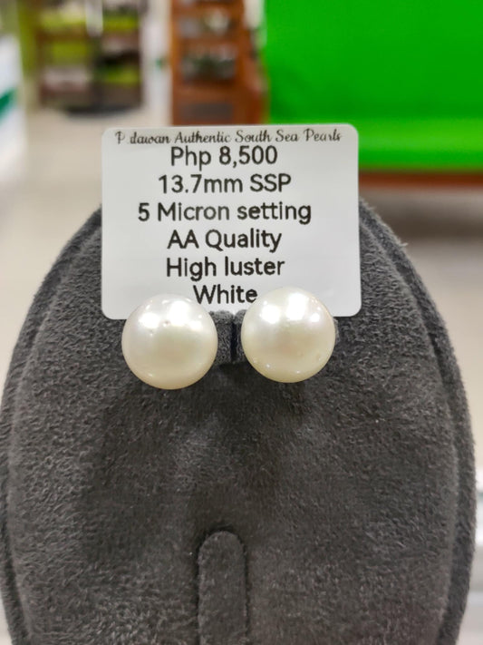 13.7mm Authentic White South Sea Pearls Earrings in 5 Micron Plated Settings
