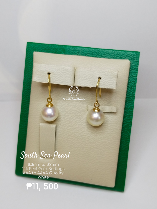8.7mm to 8.9mm Palawan Authentic Deep Golden Color South Sea Pearl Earrings in 14k Real Gold Settings