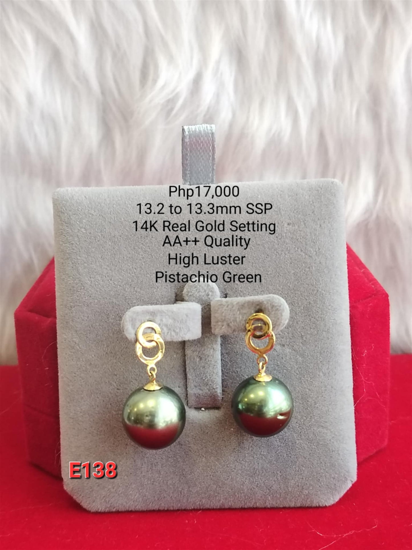13.2mm to 13.3mm Authentic Pistachio Green Color South Sea Pearls Earrings in 14k Gold Settings