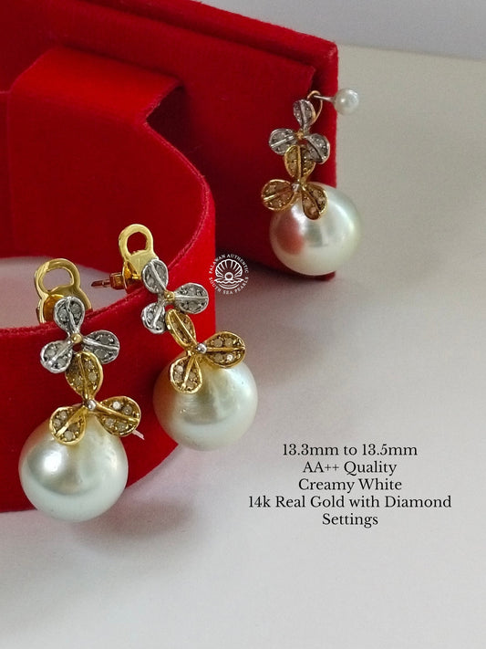 13.3 to 13.5mm Palawan Authentic Creamy White Color South Sea Pearl in 14k Real Gold and Diamonds