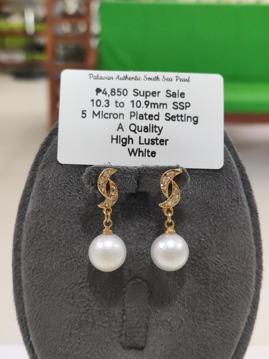 10.3mm to 10.8mm Authentic White South Sea Pearls Earrings in 5 Microns Settings