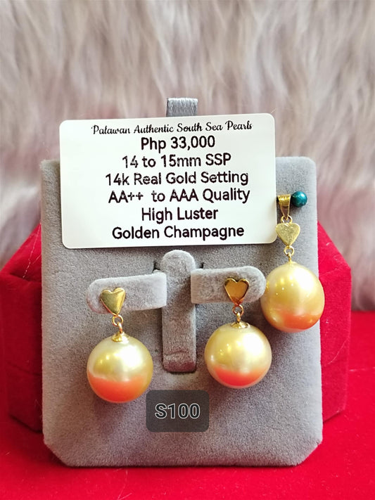 14mm to 15mm Authentic Golden Champagne South Sea Pearls Set in 14K Gold Settings