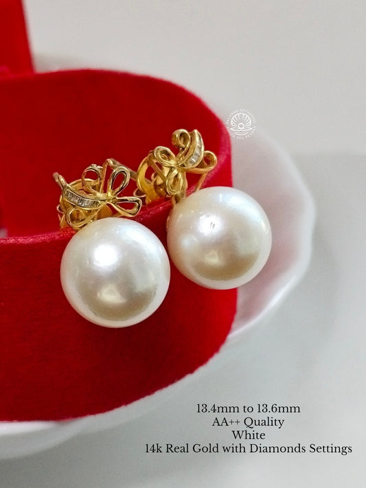 13.4 to 13.6mm Palawan Authentic  White Color South Sea Pearl in 14k Real Gold and Diamonds